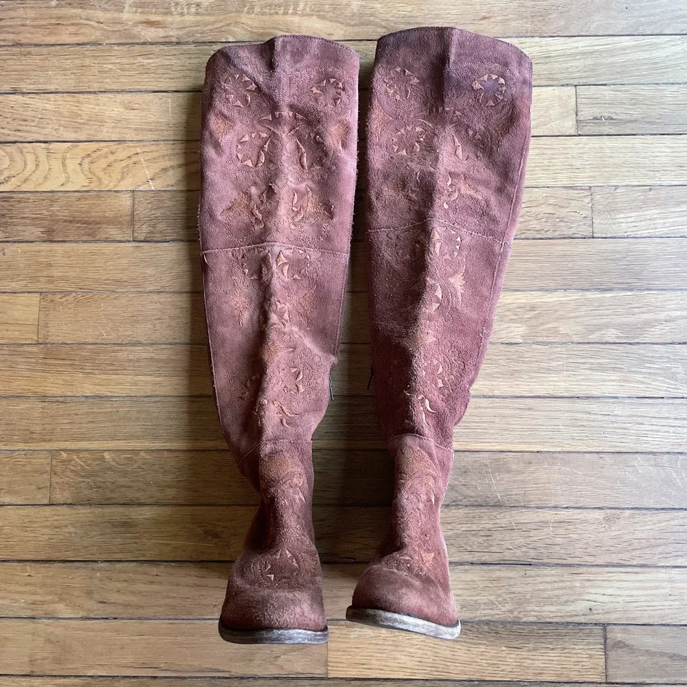 Free People Brown High Noon Suede Embroidered Over Knee Boots Sz EU 37/US 6.5